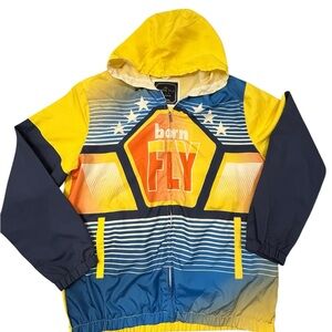 Born Fly Men’s Hooded Yellow Blue Logo Windbreaker Lined‎ Jacket XL